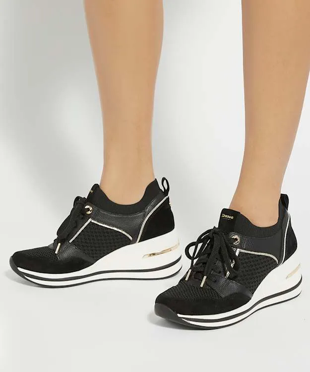 Women Dune London Trainers Lace Up Wedge Trainers Black Fabric
