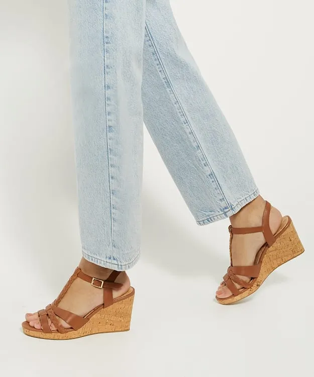 Women Dune London Wedge Sandals Plait Strap Cork Wedge Sandals Brown