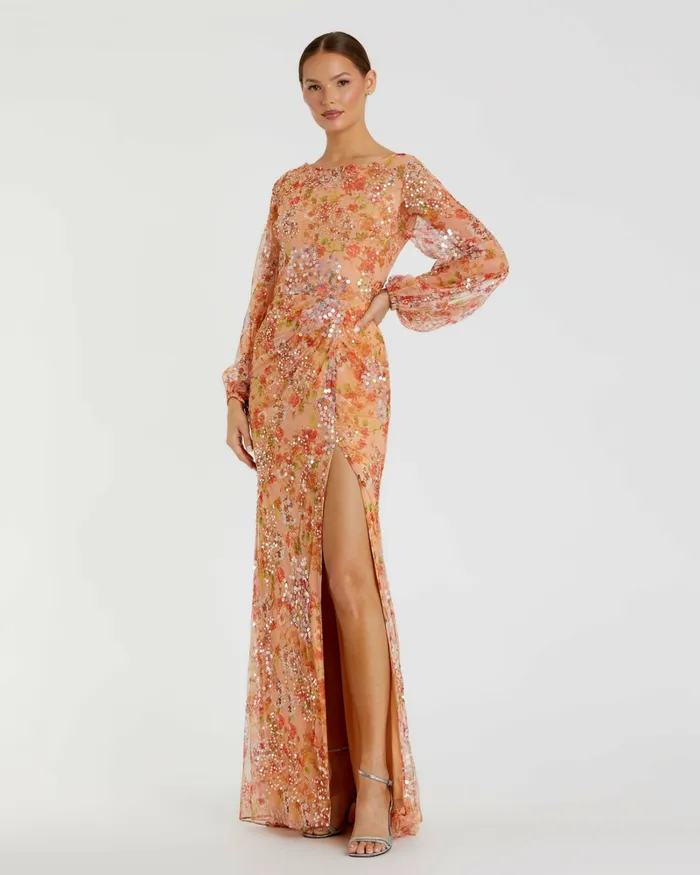 Women Evening Gowns Mac Duggal Floral Print Sequined Puff Sleeve Gown Apricot