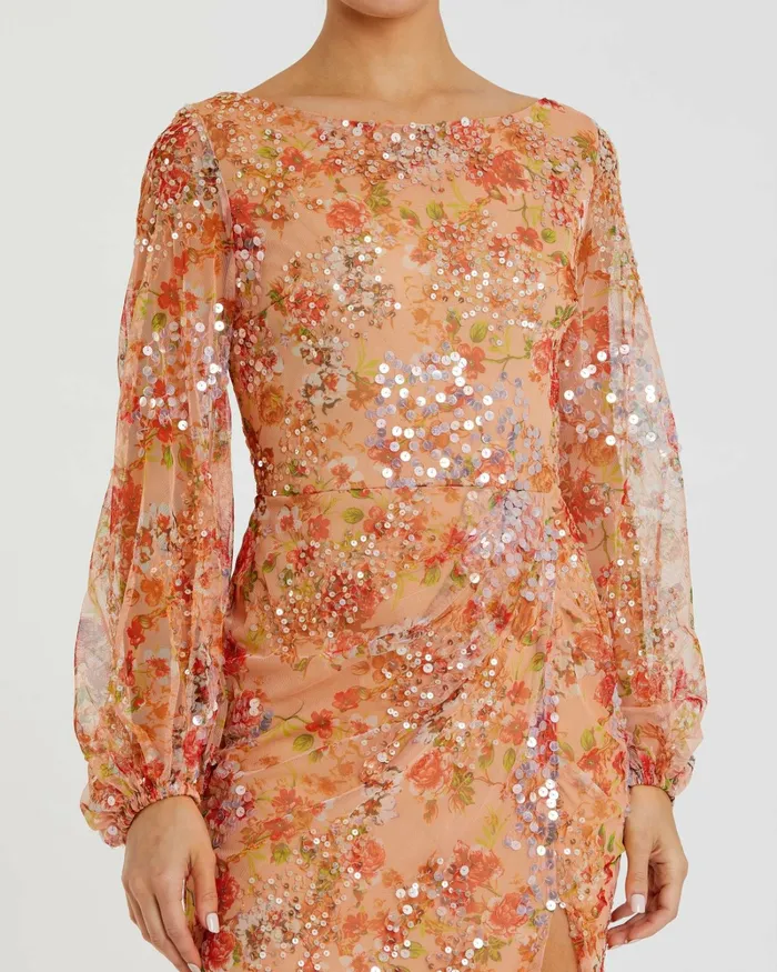 Women Evening Gowns Mac Duggal Floral Print Sequined Puff Sleeve Gown Apricot