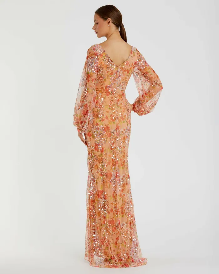Women Evening Gowns Mac Duggal Floral Print Sequined Puff Sleeve Gown Apricot
