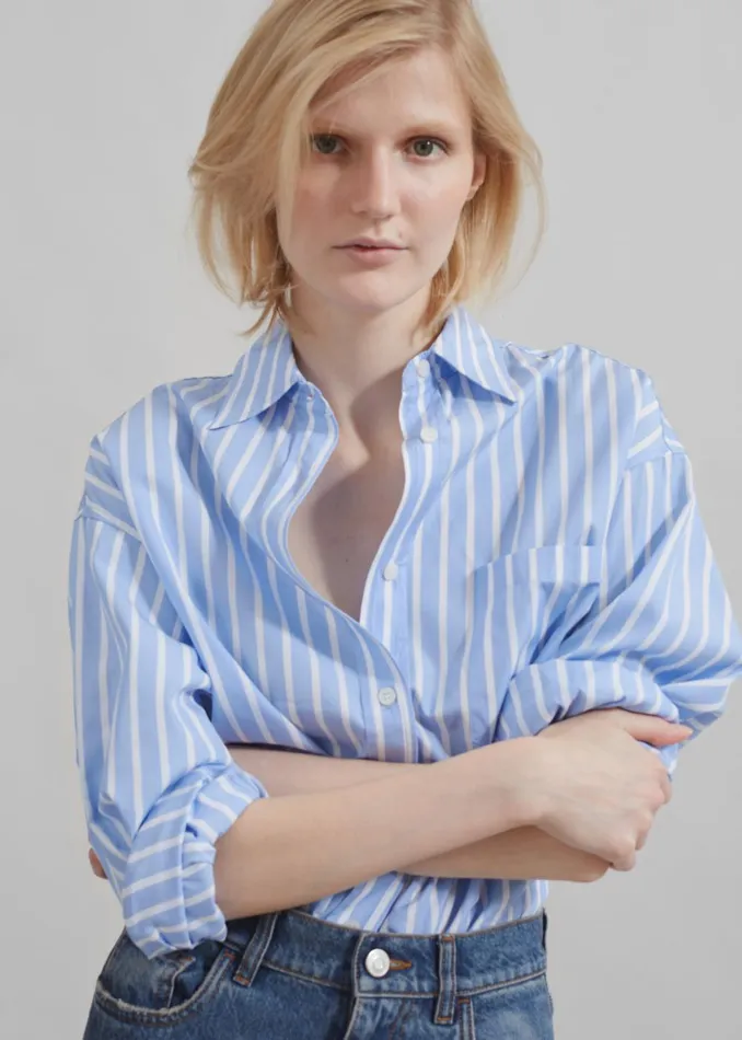 Women Georgia Boxy Shirt 8211 Sky BlueWhite Stripe The Frankie Shop Tops