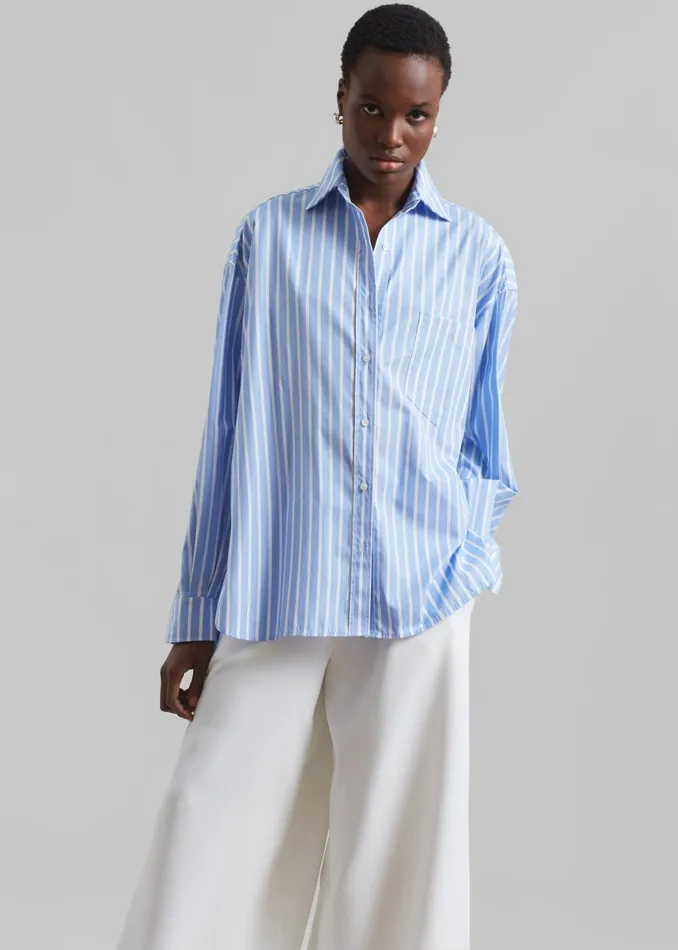 Women Georgia Boxy Shirt 8211 Sky BlueWhite Stripe The Frankie Shop Tops