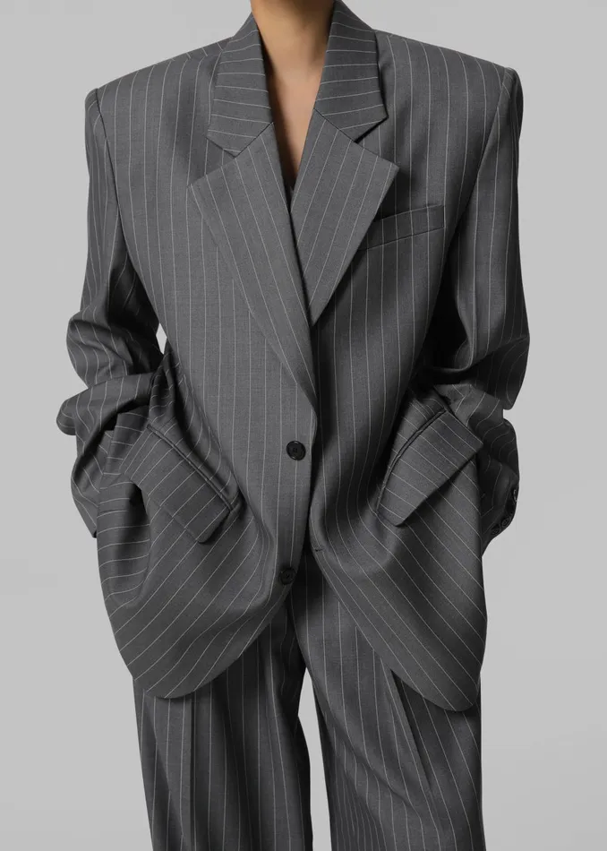 Women Holland Padded Shoulder Blazer 8211 CharcoalWhite Pinstripe The Frankie Shop Outerwear