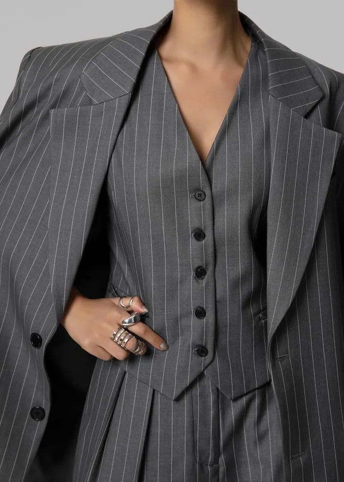 Women Holland Padded Shoulder Blazer 8211 CharcoalWhite Pinstripe The Frankie Shop Outerwear