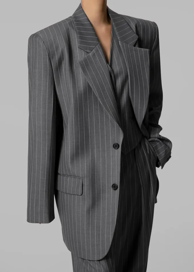 Women Holland Padded Shoulder Blazer 8211 CharcoalWhite Pinstripe The Frankie Shop Outerwear