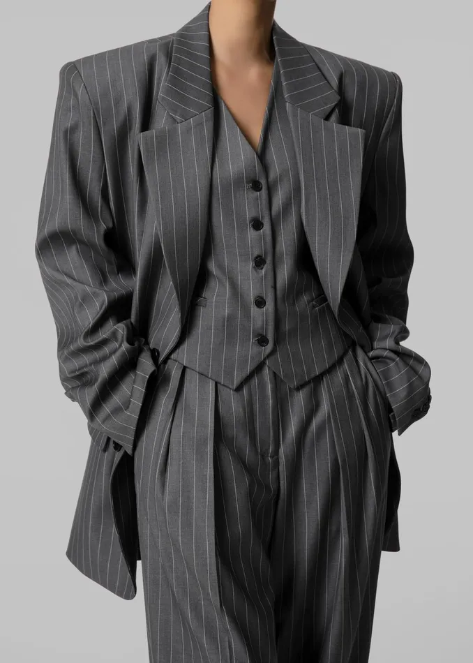 Women Holland Padded Shoulder Blazer 8211 CharcoalWhite Pinstripe The Frankie Shop Outerwear