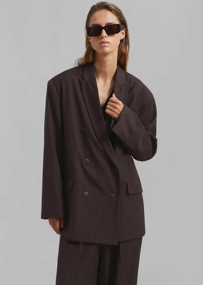 Women Ivey Double Breasted Blazer 8211 BrownWhite Pinstripe The Frankie Shop Outerwear