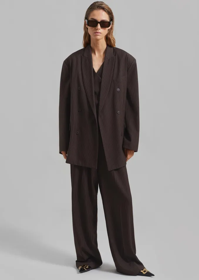 Women Ivey Double Breasted Blazer 8211 BrownWhite Pinstripe The Frankie Shop Outerwear
