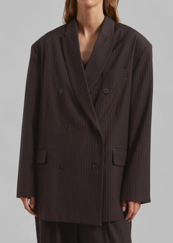 Women Ivey Double Breasted Blazer 8211 BrownWhite Pinstripe The Frankie Shop Outerwear