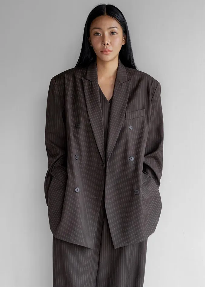 Women Ivey Double Breasted Blazer 8211 BrownWhite Pinstripe The Frankie Shop Outerwear