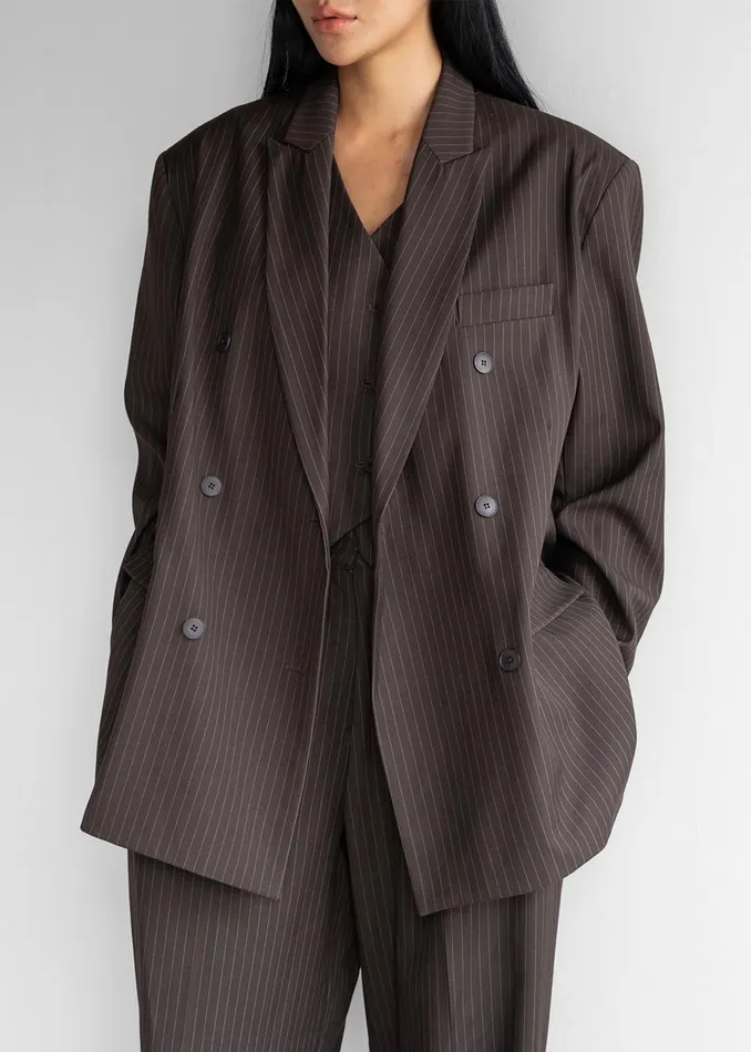 Women Ivey Double Breasted Blazer 8211 BrownWhite Pinstripe The Frankie Shop Outerwear