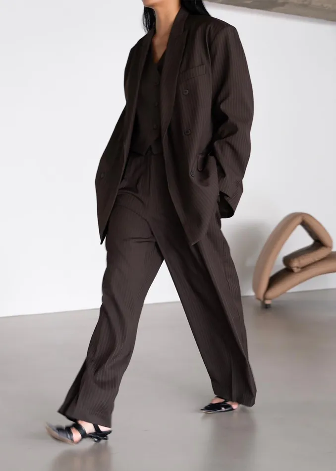 Women Ivey Double Breasted Blazer 8211 BrownWhite Pinstripe The Frankie Shop Outerwear