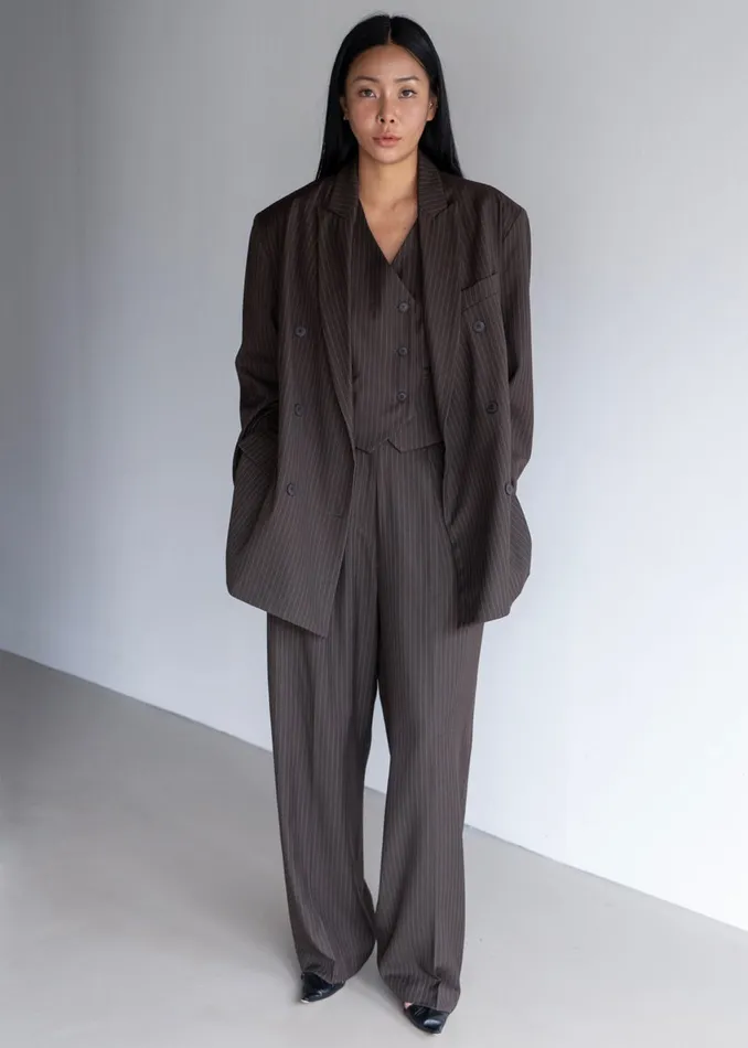 Women Ivey Double Breasted Blazer 8211 BrownWhite Pinstripe The Frankie Shop Outerwear