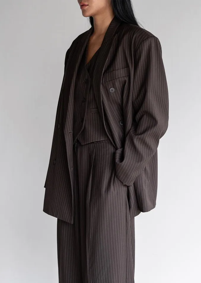 Women Ivey Double Breasted Blazer 8211 BrownWhite Pinstripe The Frankie Shop Outerwear