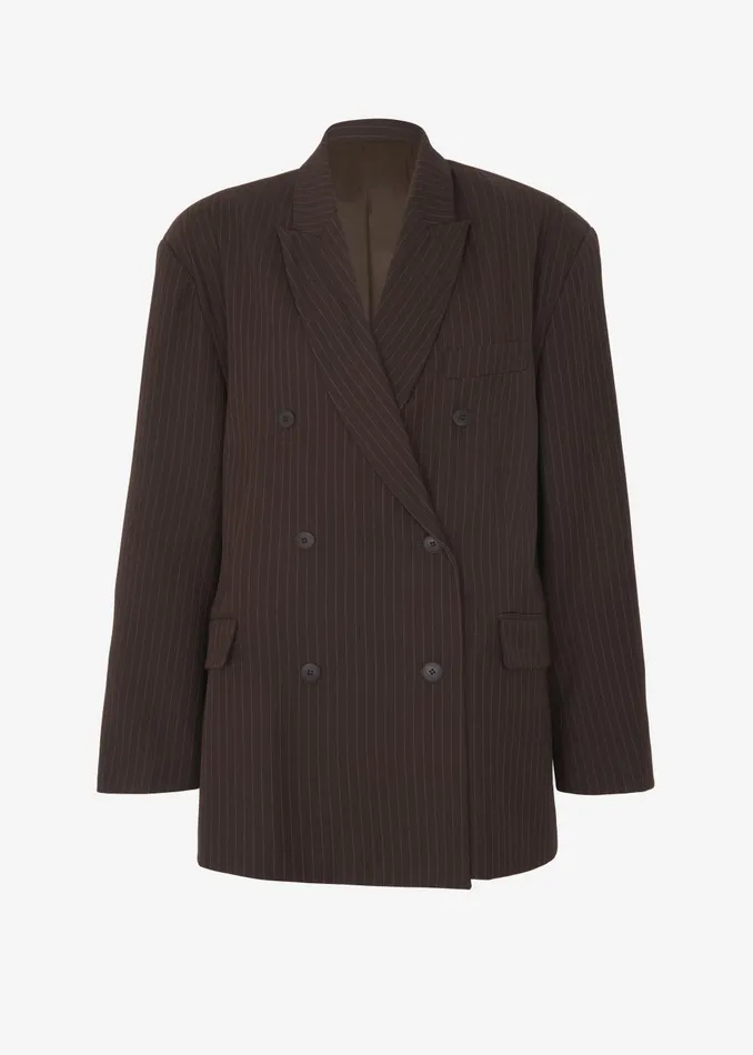 Women Ivey Double Breasted Blazer 8211 BrownWhite Pinstripe The Frankie Shop Outerwear