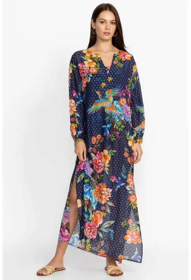 Women Johnny Was Cover Ups and Kimonos Ocean Dreamer Puff Sleeve Maxi CoverUp Ocean Dreamer