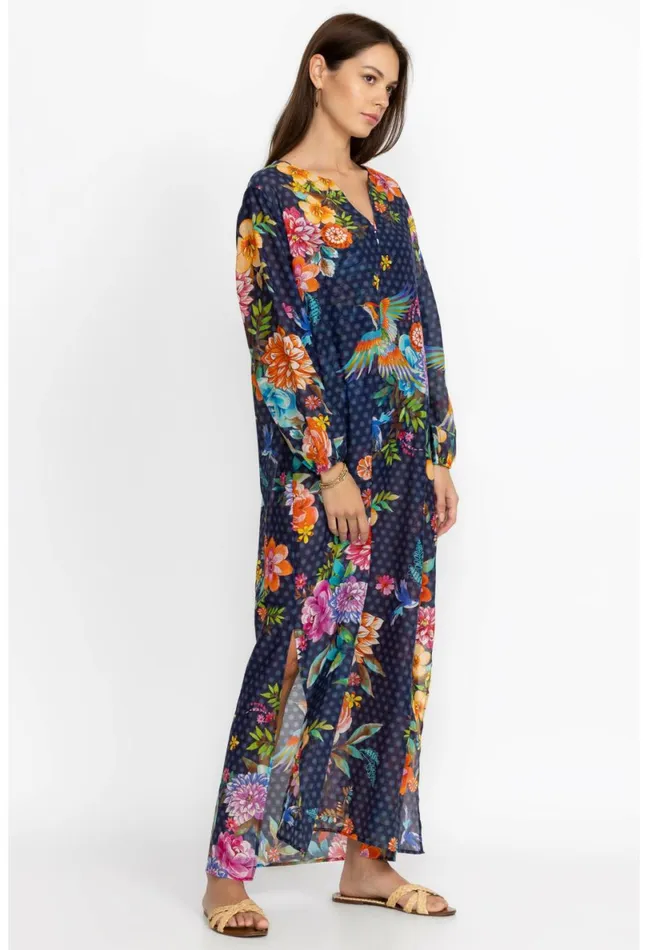 Women Johnny Was Cover Ups and Kimonos Ocean Dreamer Puff Sleeve Maxi CoverUp Ocean Dreamer
