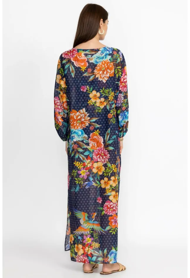 Women Johnny Was Cover Ups and Kimonos Ocean Dreamer Puff Sleeve Maxi CoverUp Ocean Dreamer
