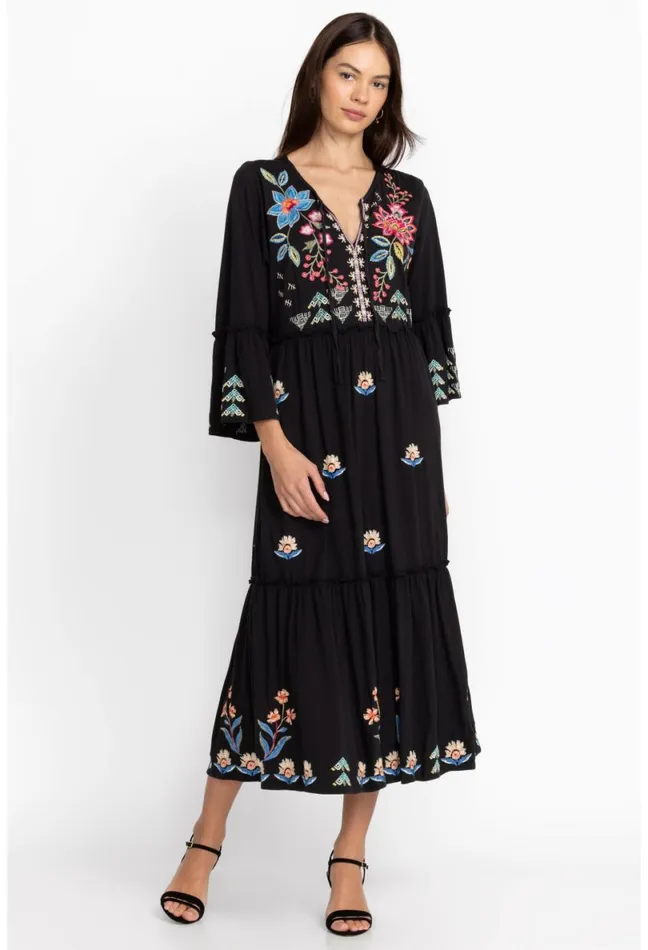 Women Johnny Was Dresses Griffin Ruffle Tiered Knit Dress Black