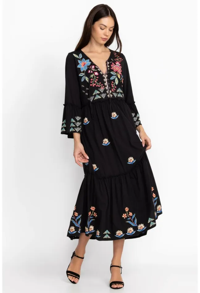 Women Johnny Was Dresses Griffin Ruffle Tiered Knit Dress Black