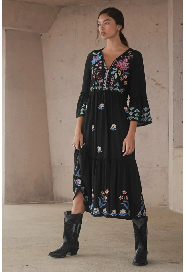 Women Johnny Was Dresses Griffin Ruffle Tiered Knit Dress Black