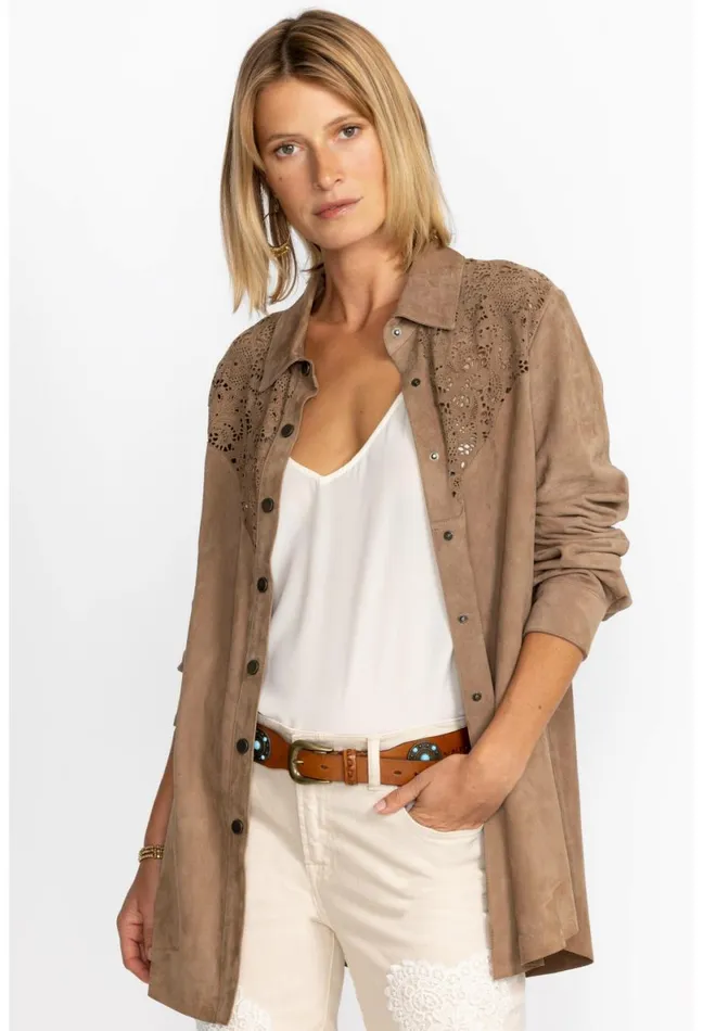 Women Johnny Was Outerwear Fiore Suede Western Shacket Tortora