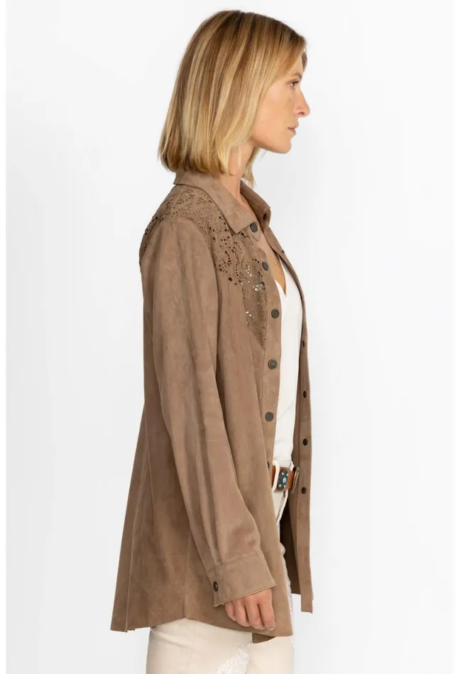 Women Johnny Was Outerwear Fiore Suede Western Shacket Tortora