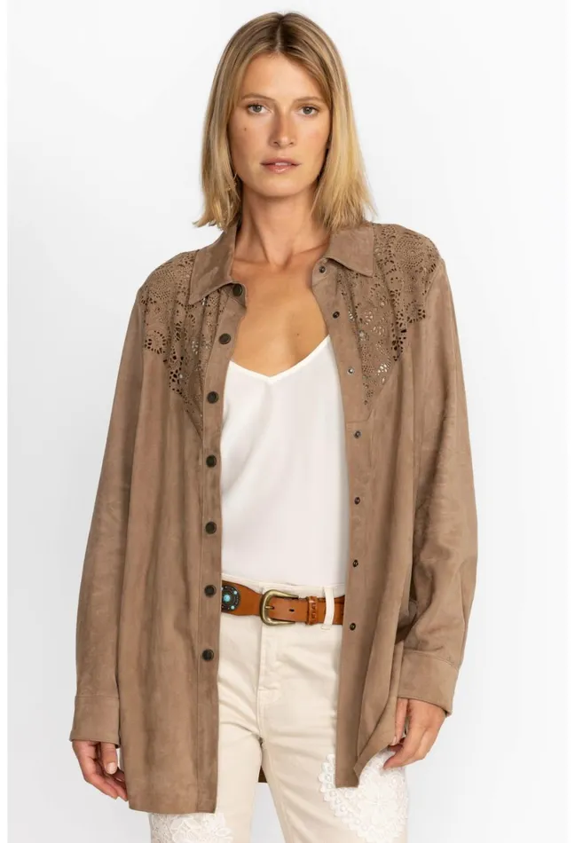 Women Johnny Was Outerwear Fiore Suede Western Shacket Tortora