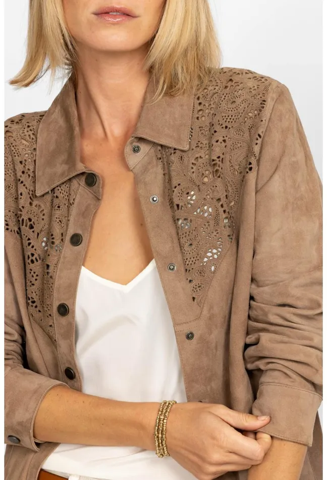 Women Johnny Was Outerwear Fiore Suede Western Shacket Tortora