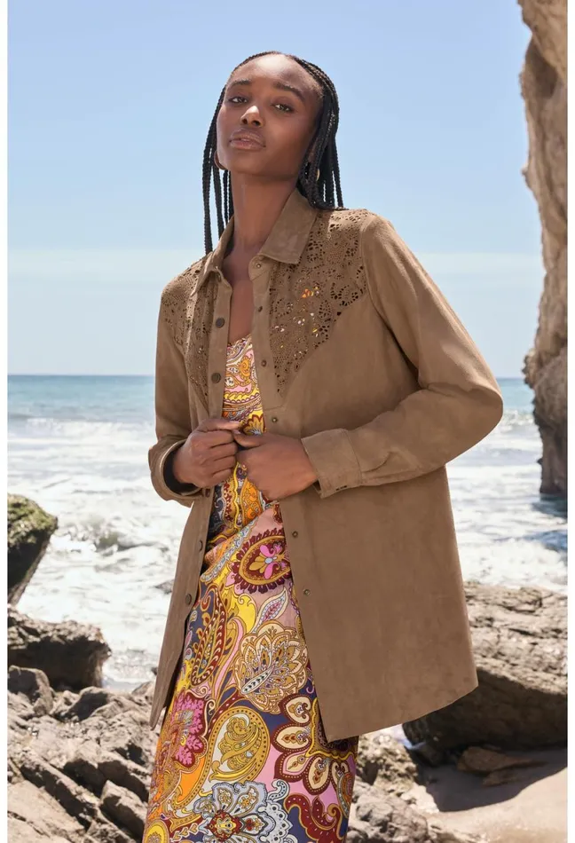 Women Johnny Was Outerwear Fiore Suede Western Shacket Tortora