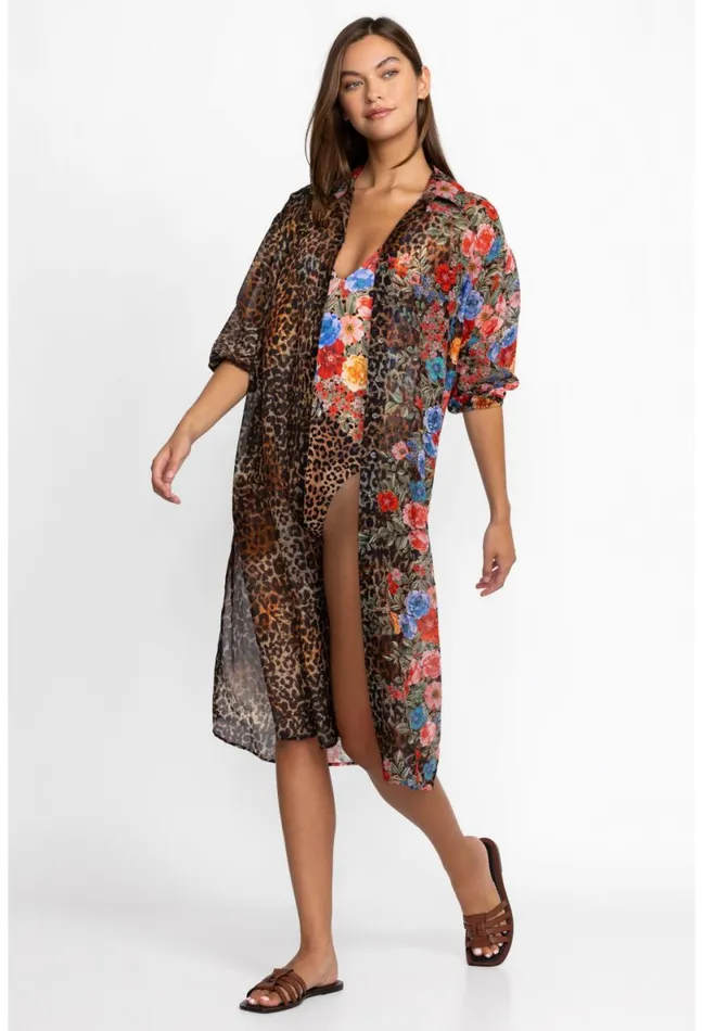 Women Johnny Was Swim and Resort Cheetah Long Shirt Dress Multi