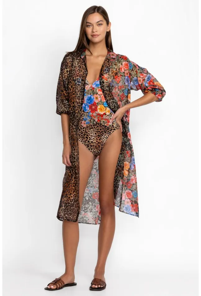Women Johnny Was Swim and Resort Cheetah Long Shirt Dress Multi