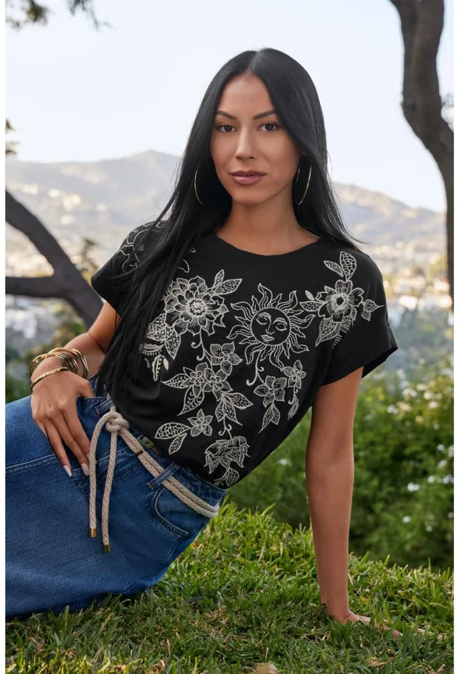 Women Johnny Was Tops Addison Relaxed Tee Black