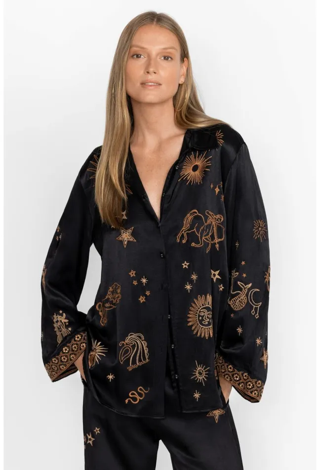 Women Johnny Was Tops Estrella Kimono Sleeve Oversized Shirt Black