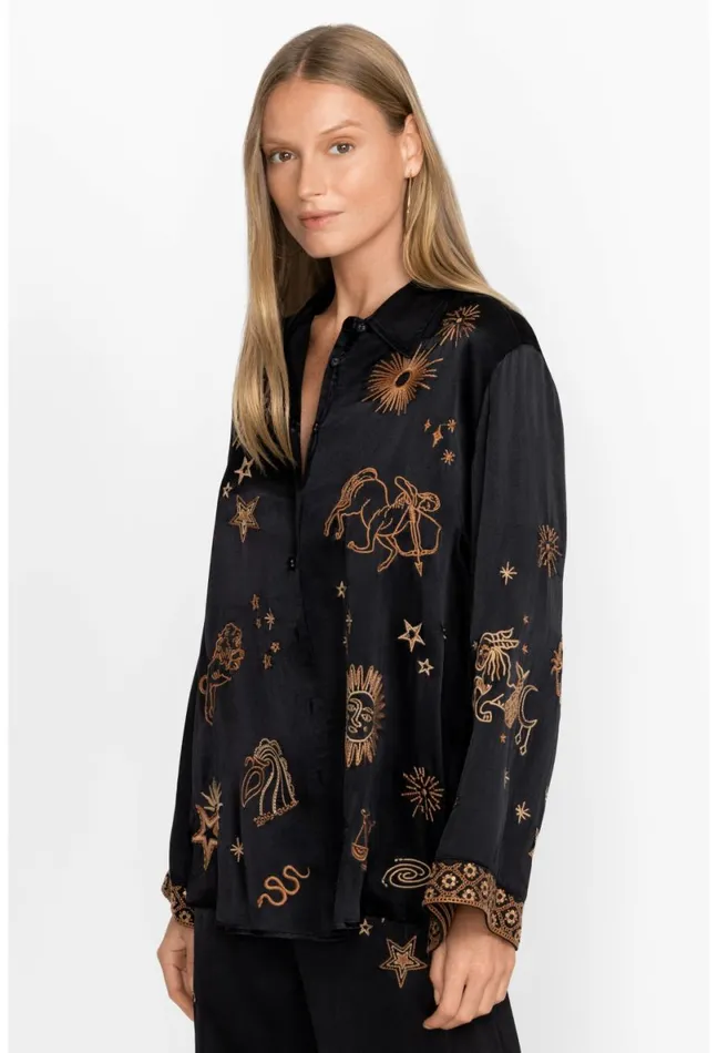 Women Johnny Was Tops Estrella Kimono Sleeve Oversized Shirt Black