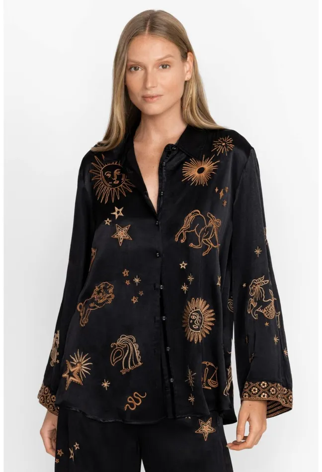 Women Johnny Was Tops Estrella Kimono Sleeve Oversized Shirt Black