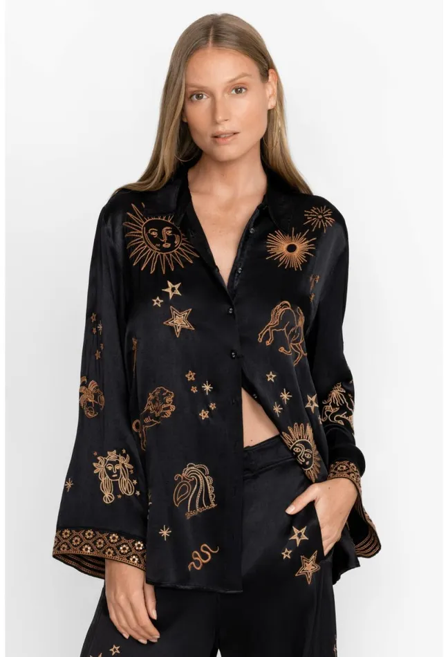 Women Johnny Was Tops Estrella Kimono Sleeve Oversized Shirt Black