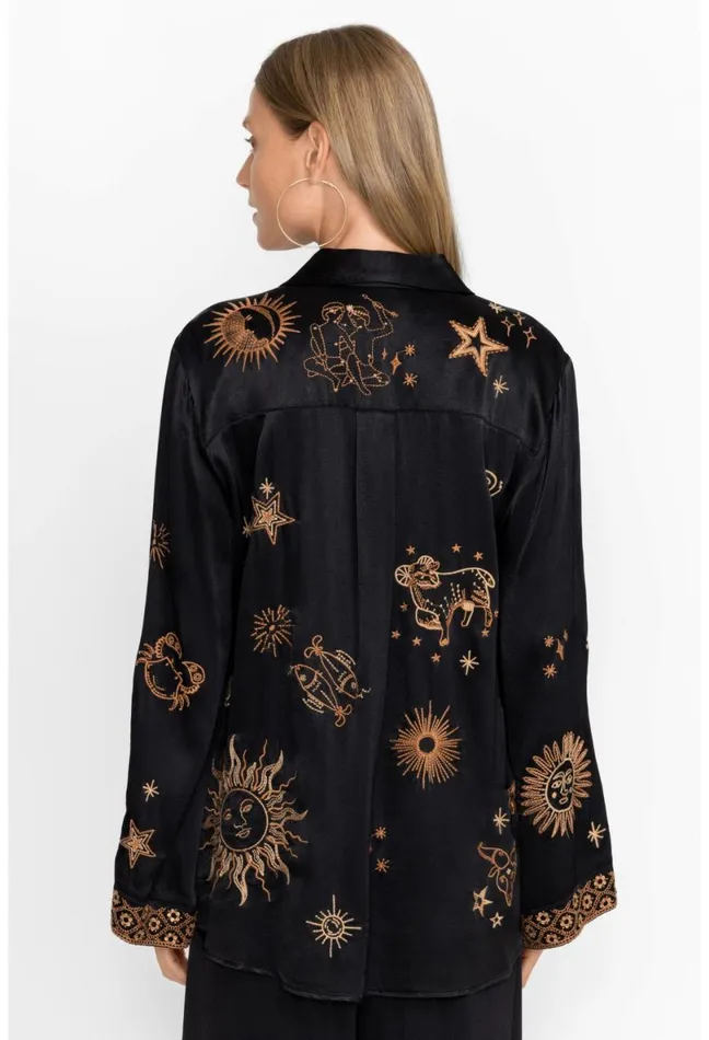 Women Johnny Was Tops Estrella Kimono Sleeve Oversized Shirt Black