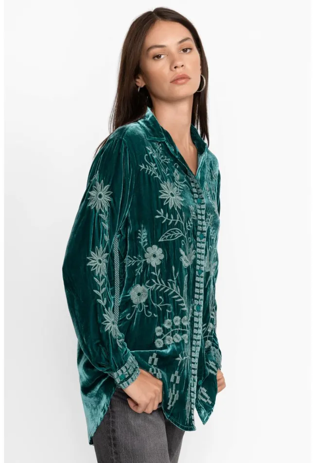 Women Johnny Was Tops Georgina Velvet Oversized Shirt Deep Teal