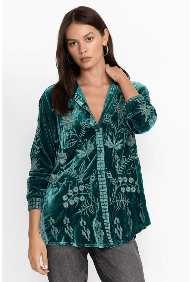 Women Johnny Was Tops Georgina Velvet Oversized Shirt Deep Teal