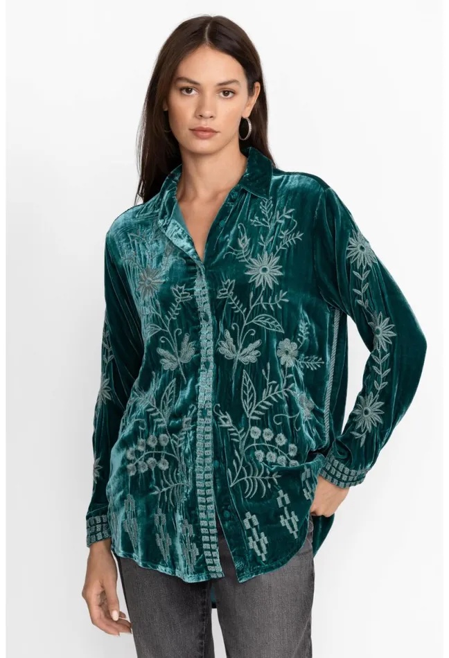 Women Johnny Was Tops Georgina Velvet Oversized Shirt Deep Teal
