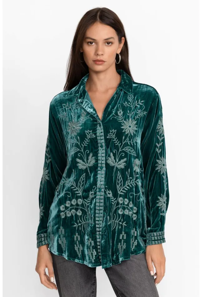 Women Johnny Was Tops Georgina Velvet Oversized Shirt Deep Teal