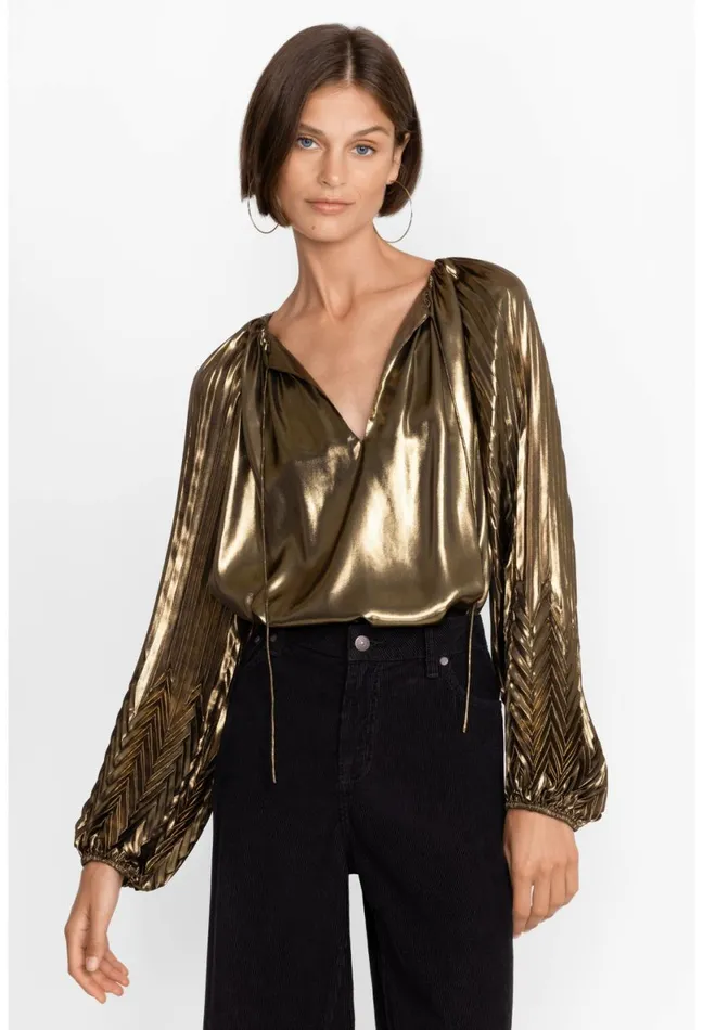 Women Johnny Was Tops Golden Gem Pleated Blouse Gold