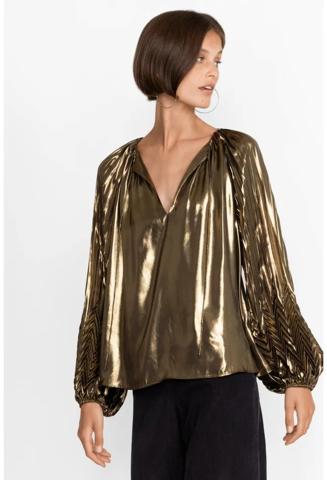 Women Johnny Was Tops Golden Gem Pleated Blouse Gold