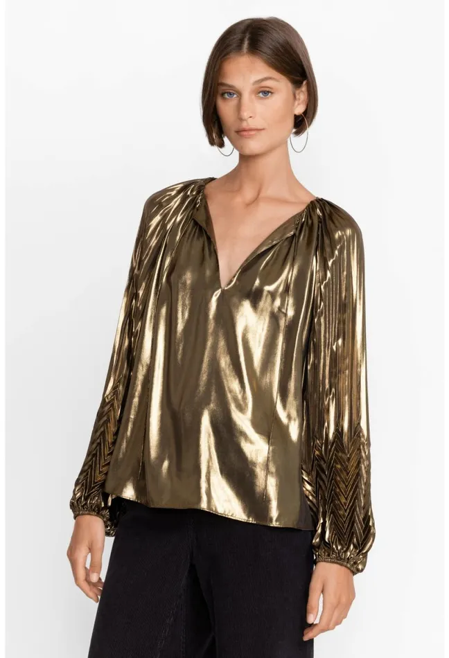 Women Johnny Was Tops Golden Gem Pleated Blouse Gold