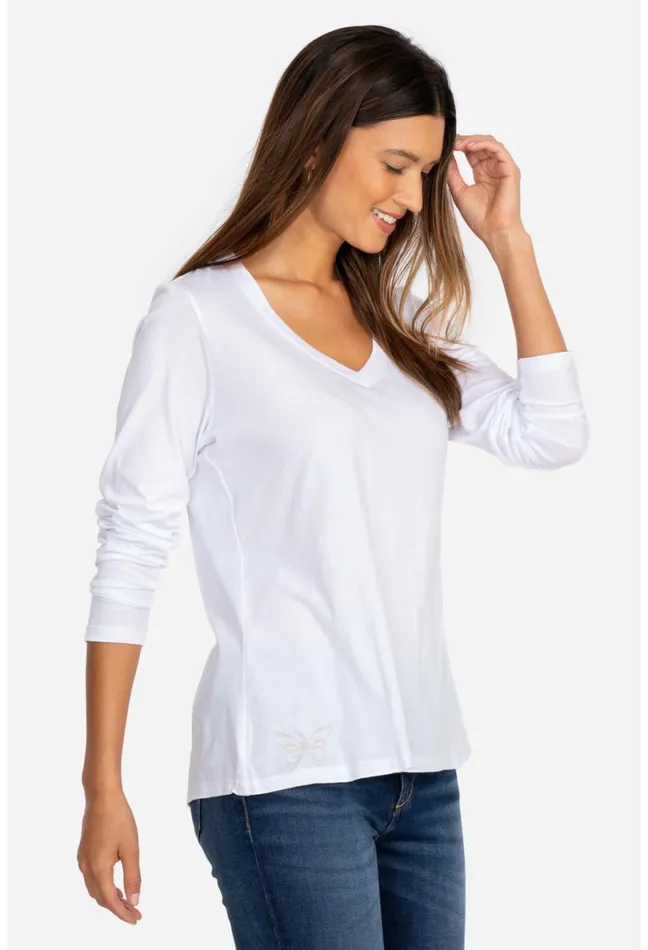 Women Johnny Was Tops Long Sleeve VNeck Layering Tee White