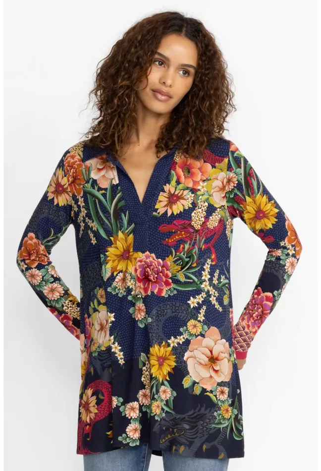 Women Johnny Was Tops The Janie Favorite Long Sleeve Polo Swing Tunic Dragona