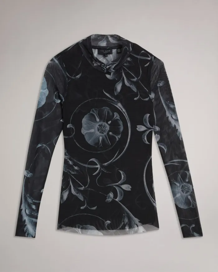 Women KAESA 8211 High Neck Abstract Floral Mesh Top Black Ted Baker Tops and Blouses