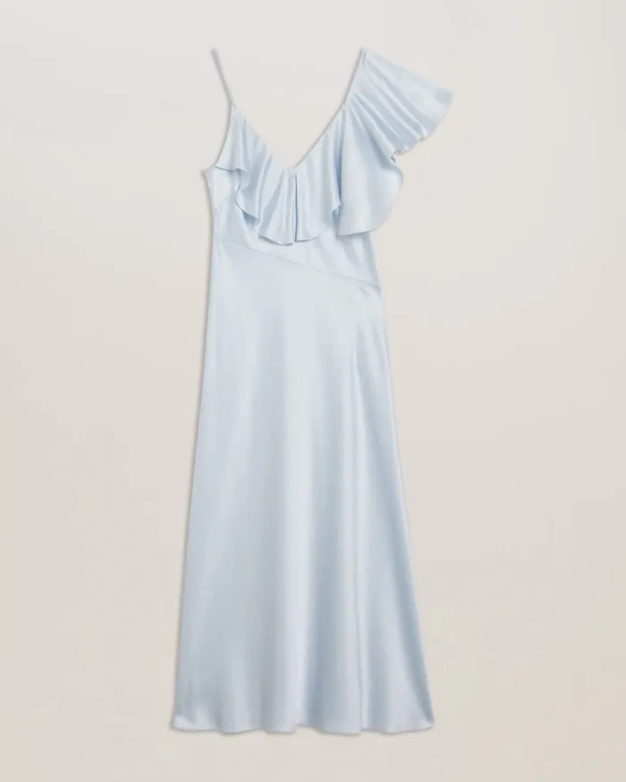 Women KEOMI 8211 Ruffle Neck Satin Midi Slip Dress Light Blue Ted Baker Dresses